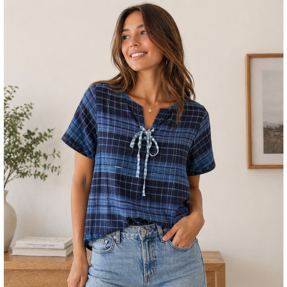 Ace & Jig Short Cotton Plaid Flannel Lace Up Top Blue Size Small‎